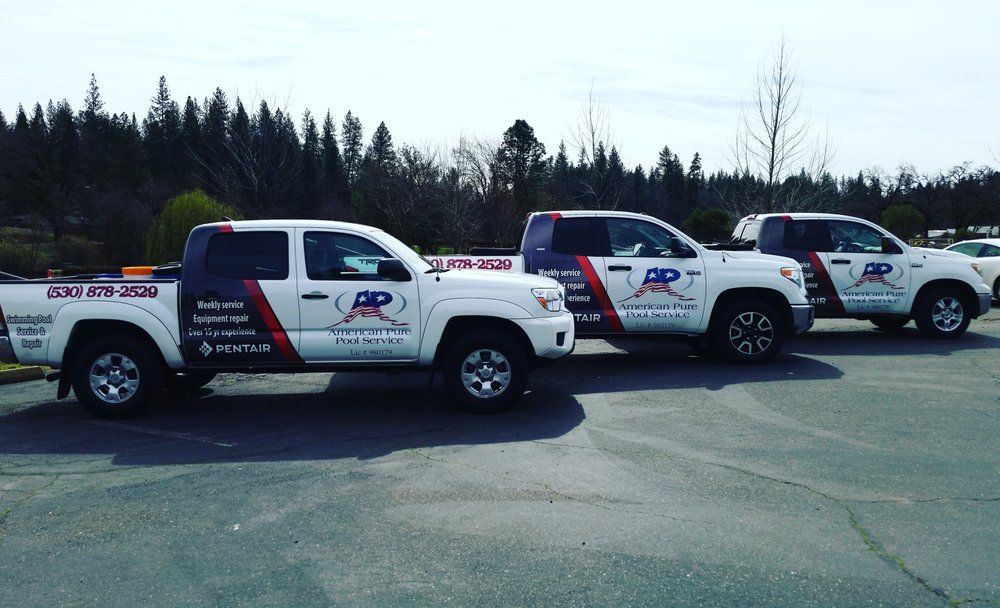 American Pure Pool Service branded trucks parked in a row