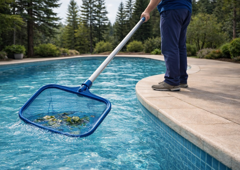 Pool technician skimming a residential pool in Placer County